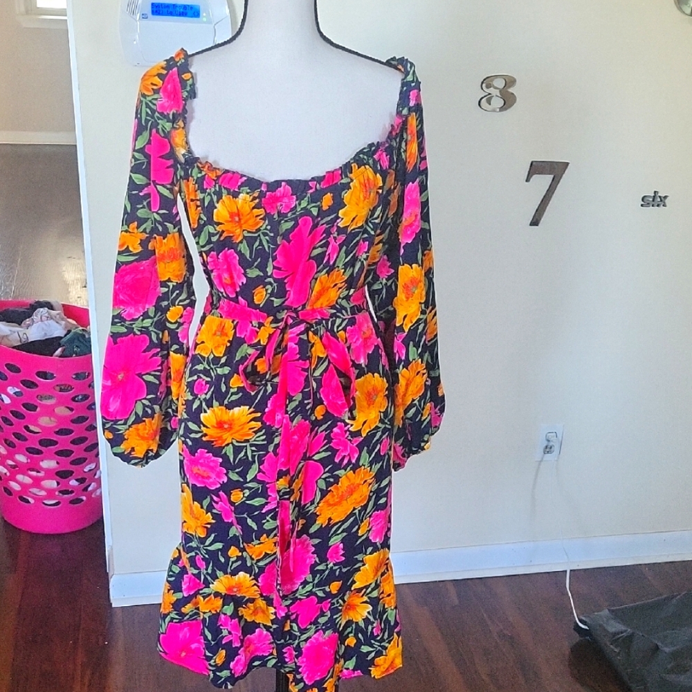 3xlFloral Black Dress with Pink and Orange Accents